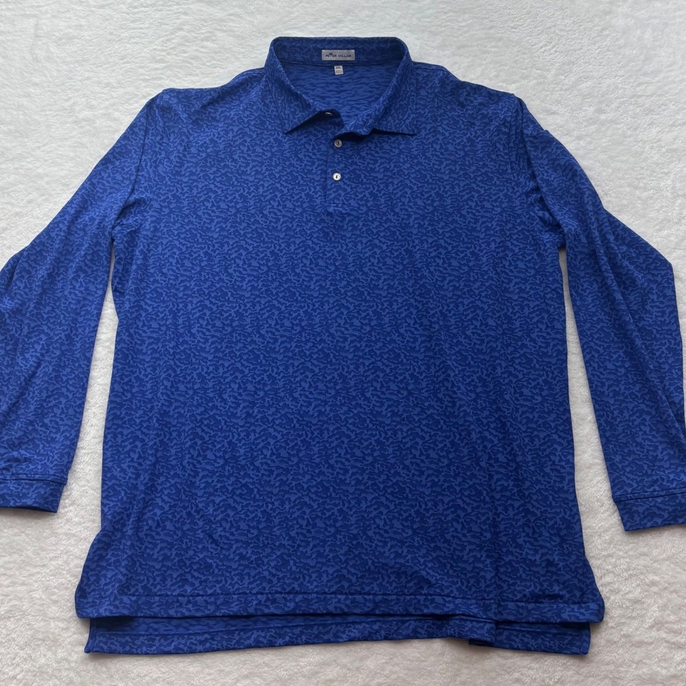 Peter Millar Mens XXL Blue Long Sleeve Performance Golf Polo Shirt Abstract